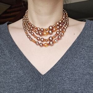 Vintage Faux Brown Pearl Beaded Layer Clavicle Choker Necklace
